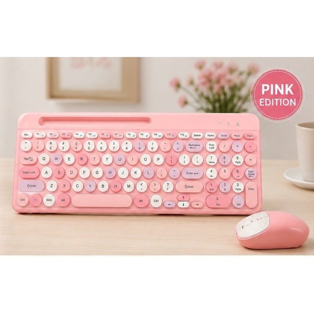 KM202-D Pink Wireless Keyboard And Mouse With Holder